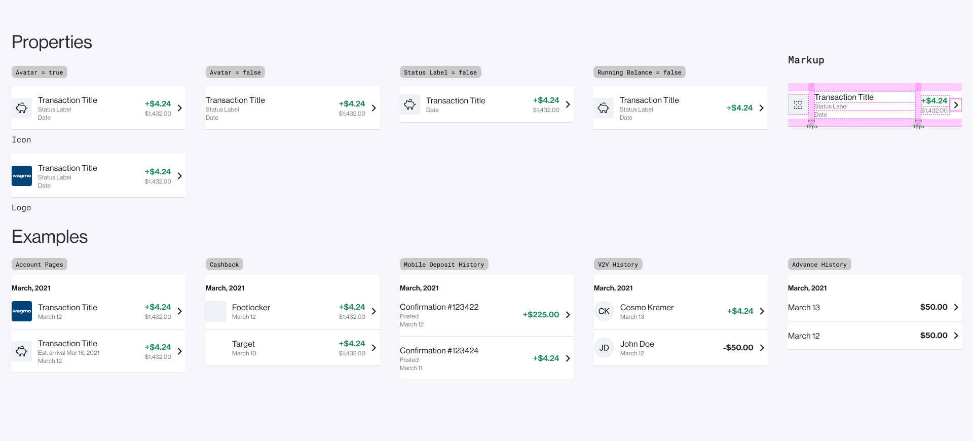 Transaction List Item components